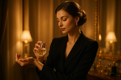 a woman putting perfume on